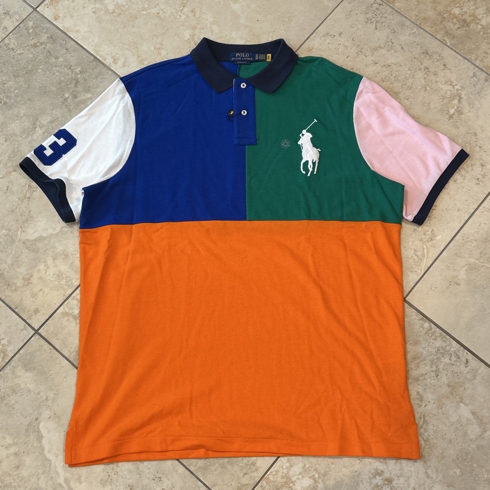 Polo Ralph Lauren Shirt Mens XL Multi Colorblock Big Pony Mesh Pique Player Polo - Picture 2 of 11
